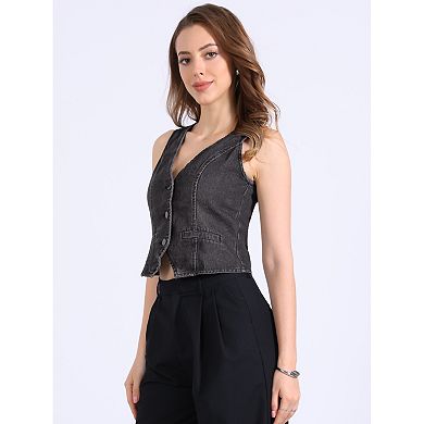 Women's Casual V Neck Sleeveless Button Down Washed Denim Vest Jacket