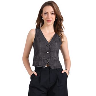 Women's Casual V Neck Sleeveless Button Down Washed Denim Vest Jacket