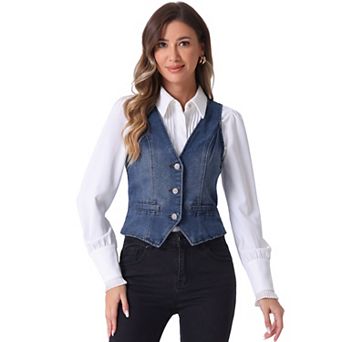 Women's Casual V Neck Sleeveless Button Down Washed Denim Vest Jacket