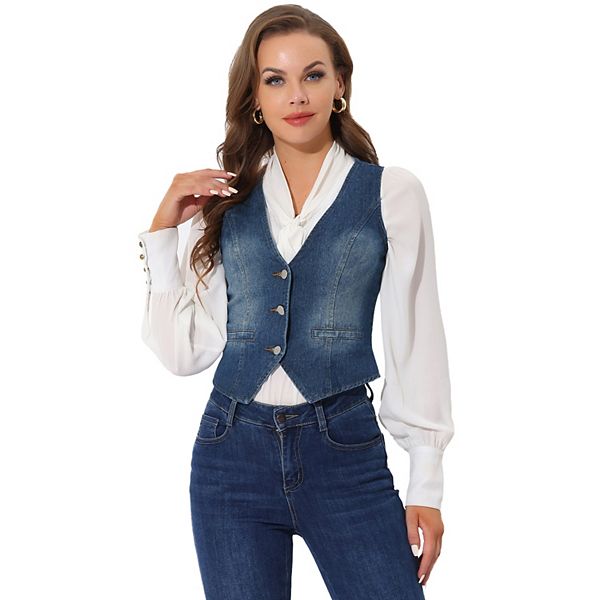 Women's Casual V Neck Sleeveless Button Down Washed Denim Vest Jacket