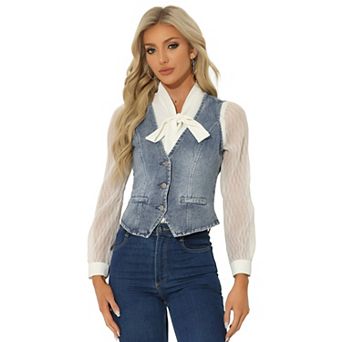 Women's Casual V Neck Sleeveless Button Down Washed Denim Vest Jacket