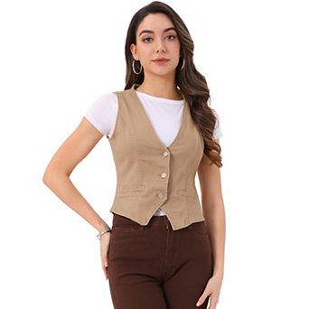 Women's Casual V Neck Sleeveless Button Down Washed Denim Vest Jacket
