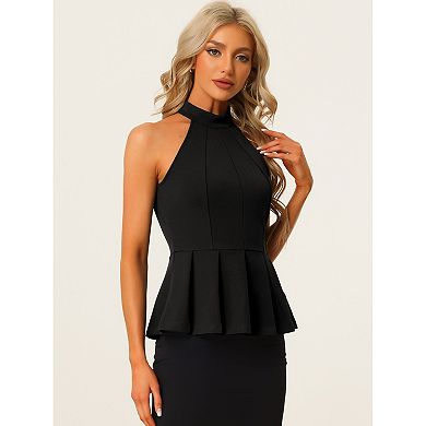 Women's Sleeveless Summer Beach Pleated Halter Neck Peplum Blouse Tops