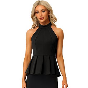 Women's Sleeveless Summer Beach Pleated Halter Neck Peplum Blouse Tops