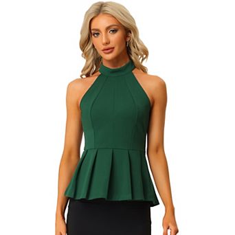 Women's Sleeveless Summer Beach Pleated Halter Neck Peplum Blouse Tops