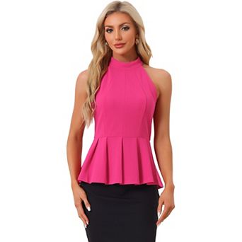 Women's Sleeveless Summer Beach Pleated Halter Neck Peplum Blouse Tops