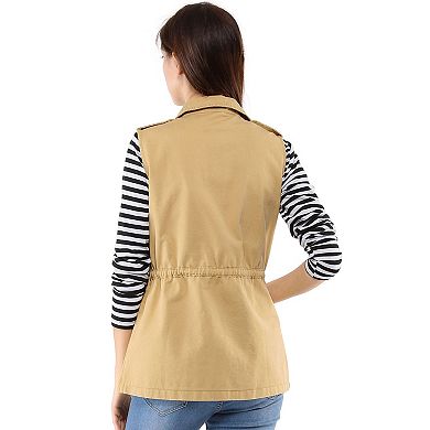 Women's Sleeveless Zip Up Drawstring Waist Cargo Vest Jacket