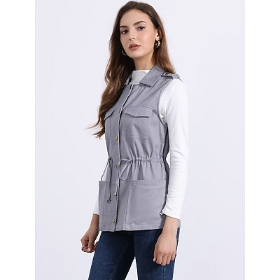 Women's Sleeveless Zip Up Drawstring Waist Cargo Vest Jacket