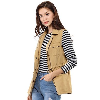 Women's Sleeveless Zip Up Drawstring Waist Cargo Vest Jacket