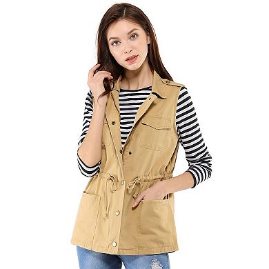 Women's Sleeveless Zip Up Drawstring Waist Cargo Vest Jacket