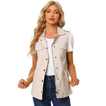 Women's Sleeveless Zip Up Drawstring Waist Cargo Vest Jacket