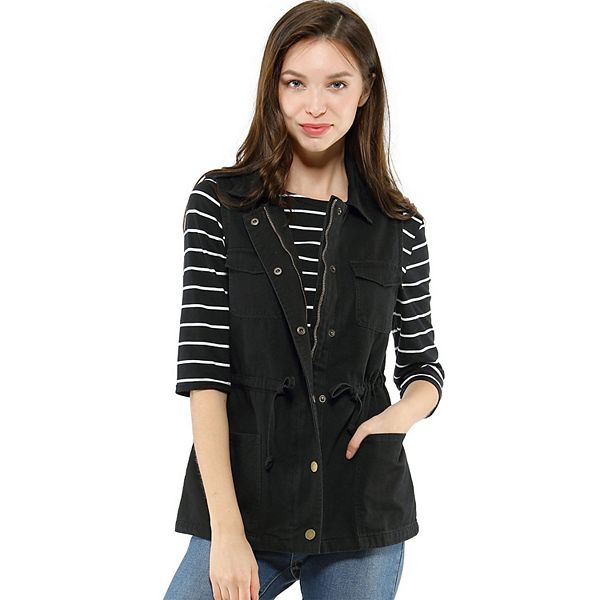 Women s Sleeveless Zip Up Drawstring Waist Cargo Vest Jacket