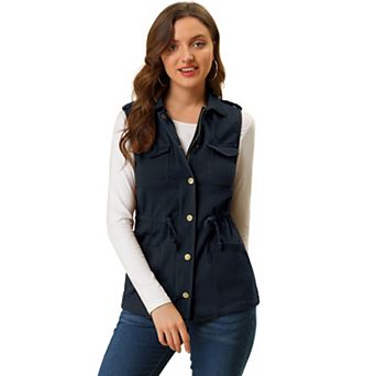 Women's Sleeveless Zip Up Drawstring Waist Cargo Vest Jacket