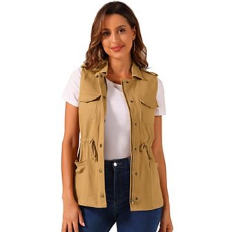 Women's Sleeveless Zip Up Drawstring Waist Cargo Vest Jacket