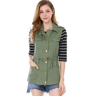 Women's Sleeveless Zip Up Drawstring Waist Cargo Vest Jacket