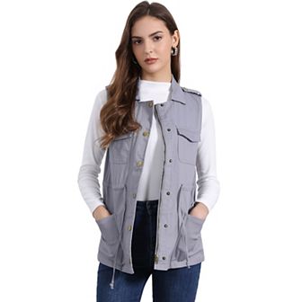 Women's Sleeveless Zip Up Drawstring Waist Cargo Vest Jacket