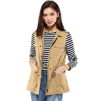 Women's Sleeveless Zip Up Drawstring Waist Cargo Vest Jacket