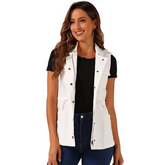 Women's Sleeveless Zip Up Drawstring Waist Cargo Vest Jacket
