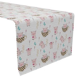 Table Runner, 100% Cotton, 16x72", Pigs in Tea Cups