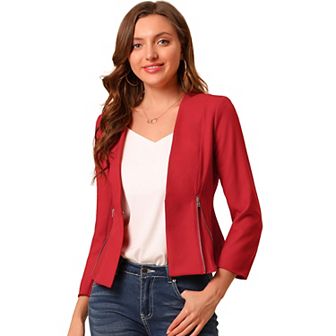 Women's Workwear Zipper Collarless Cropped Blazer
