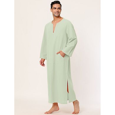 Men's Pajamas Cotton Sleepwear V-neck Side Split Long Gown With Pocket