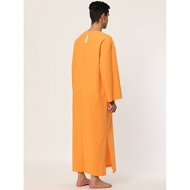 Men's Pajamas Cotton Sleepwear V-neck Side Split Long Gown With Pocket