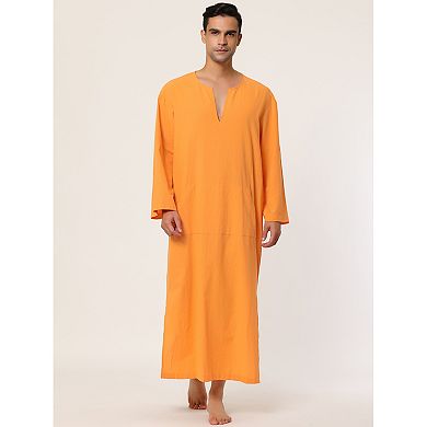 Men's Pajamas Cotton Sleepwear V-neck Side Split Long Gown With Pocket