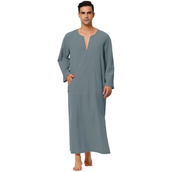 Men's Pajamas Cotton Sleepwear V-Neck Side Split Long Gown with Pocket