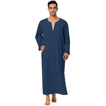 Men's Pajamas Cotton Sleepwear V-Neck Side Split Long Gown with Pocket