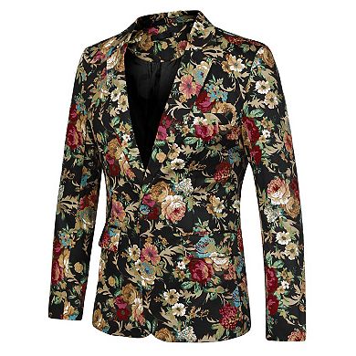 Men's Suit Blazer Slim Fit Floral Printed One Button Prom Jacket Sport Coat