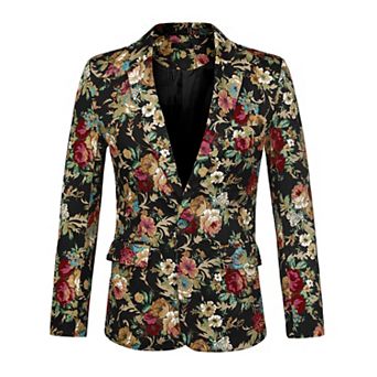 Men's Suit Blazer Slim Fit Floral Printed One Button Prom Jacket Sport Coat