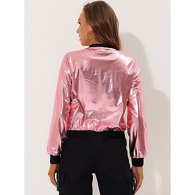 Women's Casual Stand Collar Metallic Zip Crop Length Bomber Jacket
