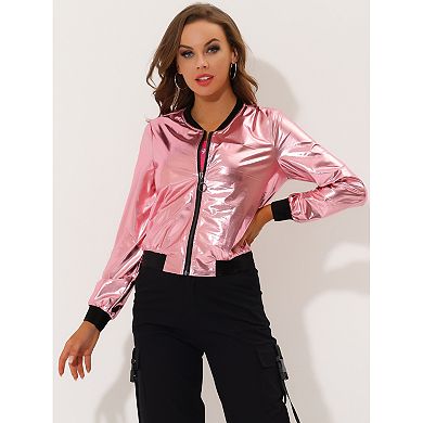 Women's Casual Stand Collar Metallic Zip Crop Length Bomber Jacket