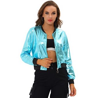 Women's Casual Stand Collar Metallic Zip Crop Length Bomber Jacket