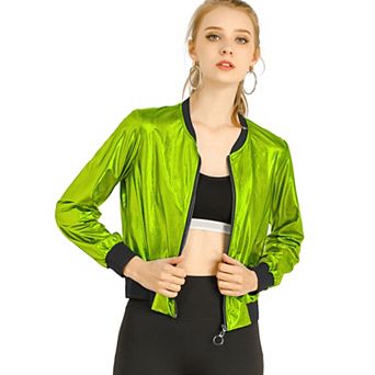 Women's Casual Stand Collar Metallic Zip Crop Length Bomber Jacket