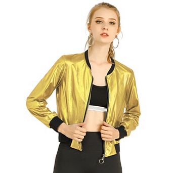 Women's Casual Stand Collar Metallic Zip Crop Length Bomber Jacket