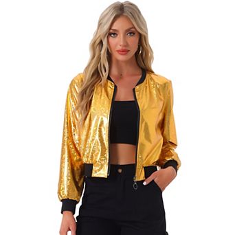 Women's Casual Stand Collar Metallic Zip Crop Length Bomber Jacket