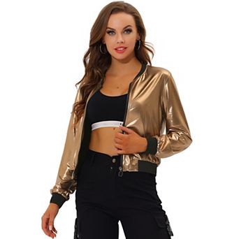 Women's Casual Stand Collar Metallic Zip Crop Length Bomber Jacket