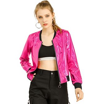 Women's Casual Stand Collar Metallic Zip Crop Length Bomber Jacket