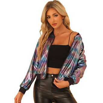 Women's Casual Stand Collar Metallic Zip Crop Length Bomber Jacket