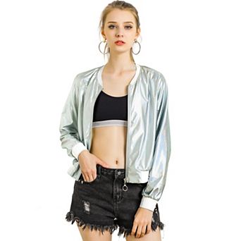 Women's Casual Stand Collar Metallic Zip Crop Length Bomber Jacket