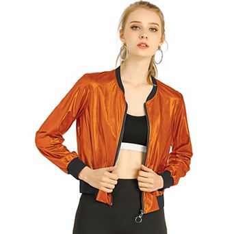Women's Casual Stand Collar Metallic Zip Crop Length Bomber Jacket
