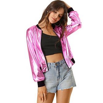 Women's Casual Stand Collar Metallic Zip Crop Length Bomber Jacket