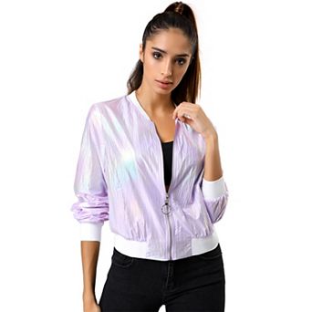 Women's Casual Stand Collar Metallic Zip Crop Length Bomber Jacket