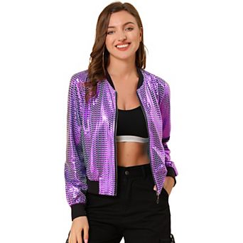 Women's Casual Stand Collar Metallic Zip Crop Length Bomber Jacket