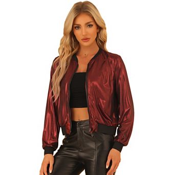 Women's Casual Stand Collar Metallic Zip Crop Length Bomber Jacket