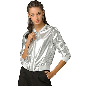 Women's Casual Stand Collar Metallic Zip Crop Length Bomber Jacket