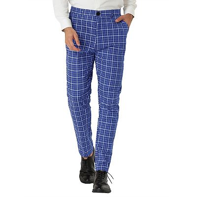 Men's Dress Checked Printed Slim Fit Flat Front Skinny Trousers
