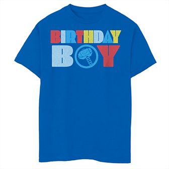 Boys Marvel Comics Retro Thor Birthday Boy Mjolnir Logo Graphic Tee