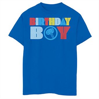 Boys Marvel Comics Retro Thor Birthday Boy Mjolnir Logo Graphic Tee